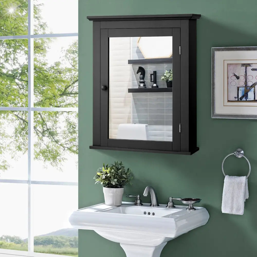 Wall Mounted Bathroom Mirror Cabinet with 5-level Height-adjustable Shelf-Black - Black - Wall Cabinets