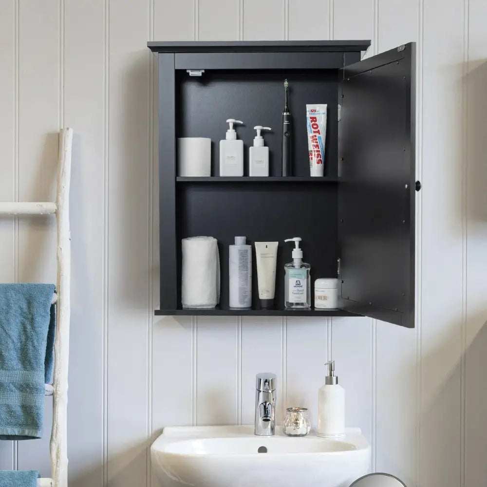 Wall Mounted Bathroom Mirror Cabinet with 5-level Height-adjustable Shelf-Black - Black - Wall Cabinets