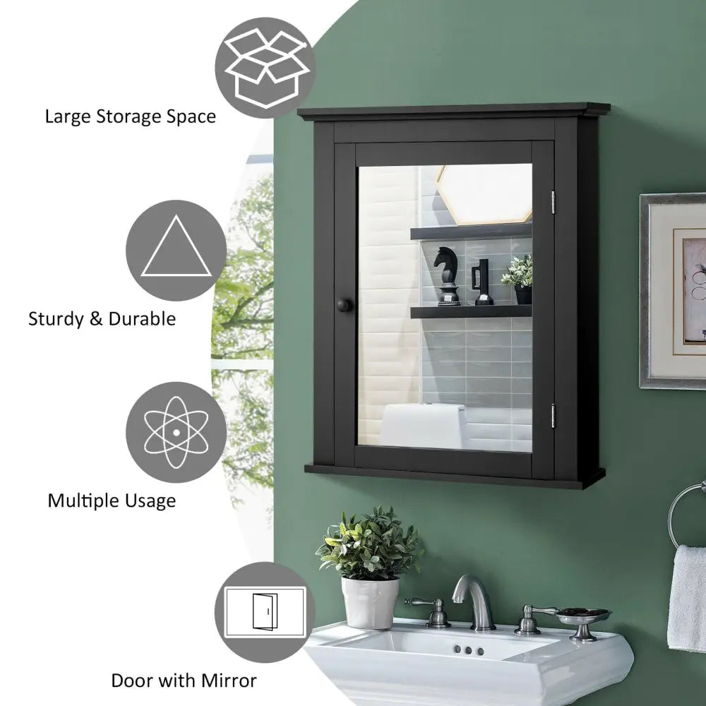 Wall Mounted Bathroom Mirror Cabinet with 5-level Height-adjustable Shelf-Black - Black - Wall Cabinets