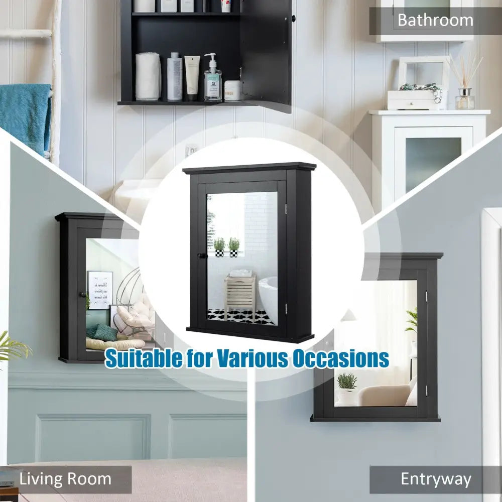 Wall Mounted Bathroom Mirror Cabinet with 5-level Height-adjustable Shelf-Black - Black - Wall Cabinets