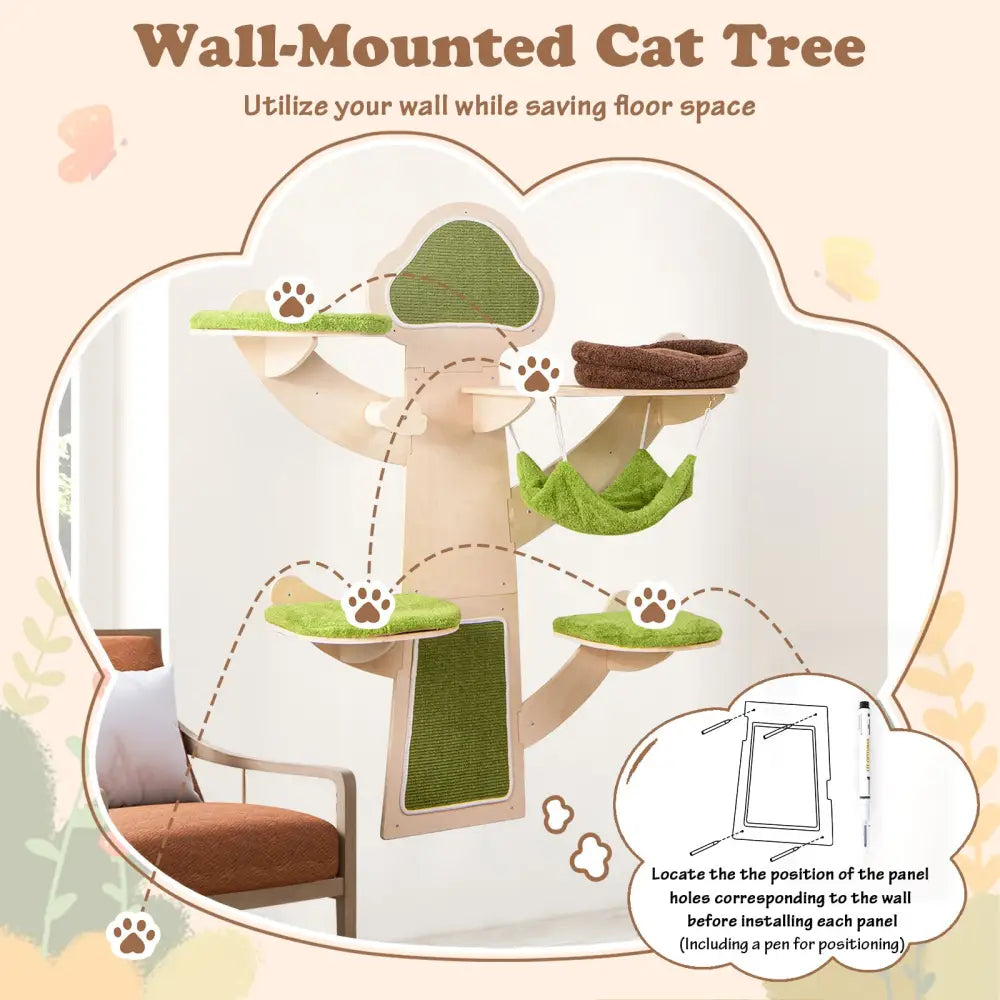 Wall-Mounted Cat Tower Cat Wall Shelves Furniture with Bed-Green - Green - Cat Trees Condos & Scratchers