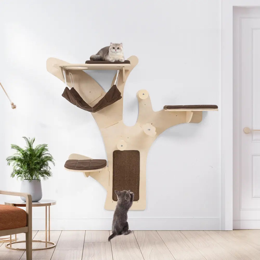 Wall-Mounted Cat Tower Cat Wall Shelves Furniture with Perch-Brown - Brown - Cat Trees Condos & Scratchers