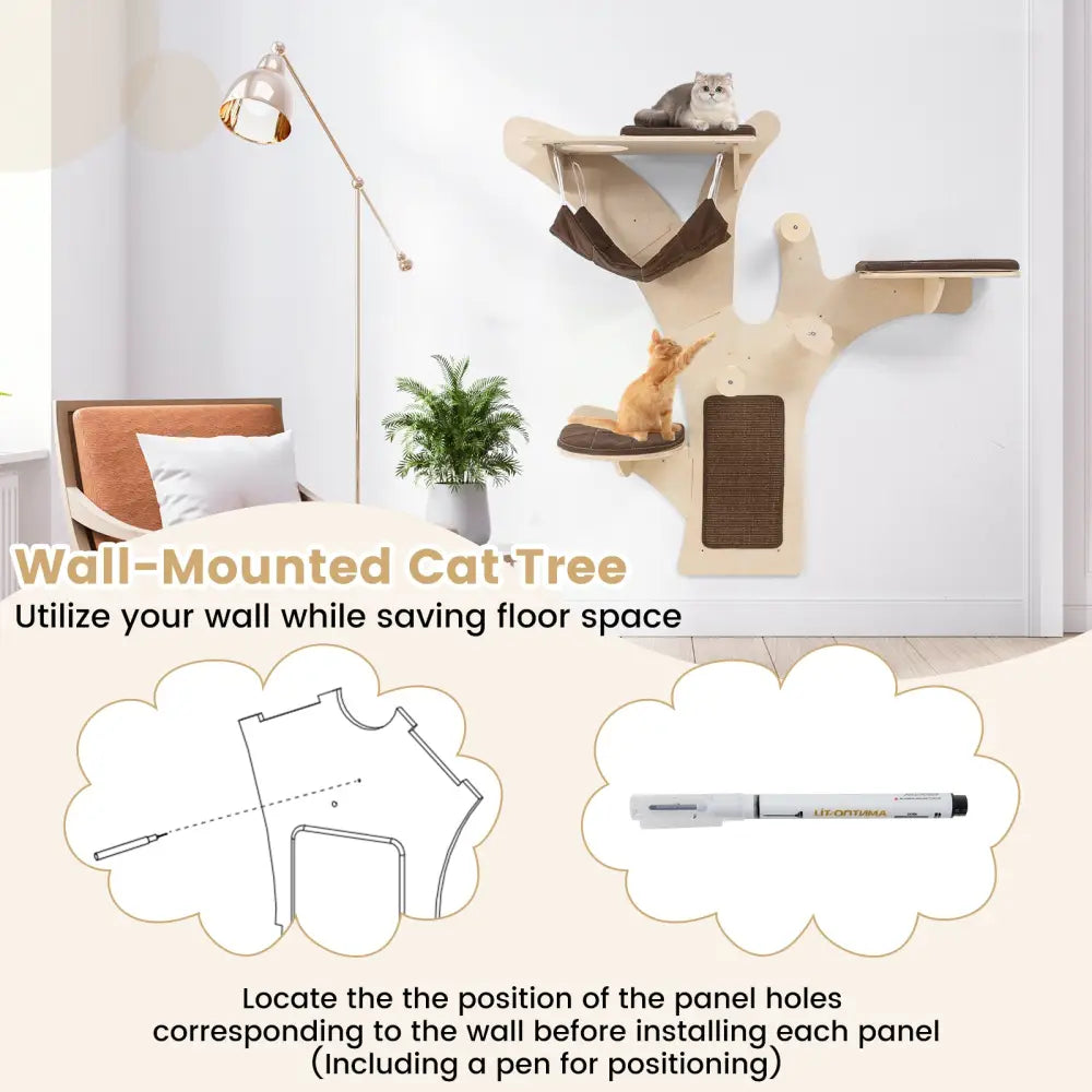 Wall-Mounted Cat Tower Cat Wall Shelves Furniture with Perch-Brown - Brown - Cat Trees Condos & Scratchers