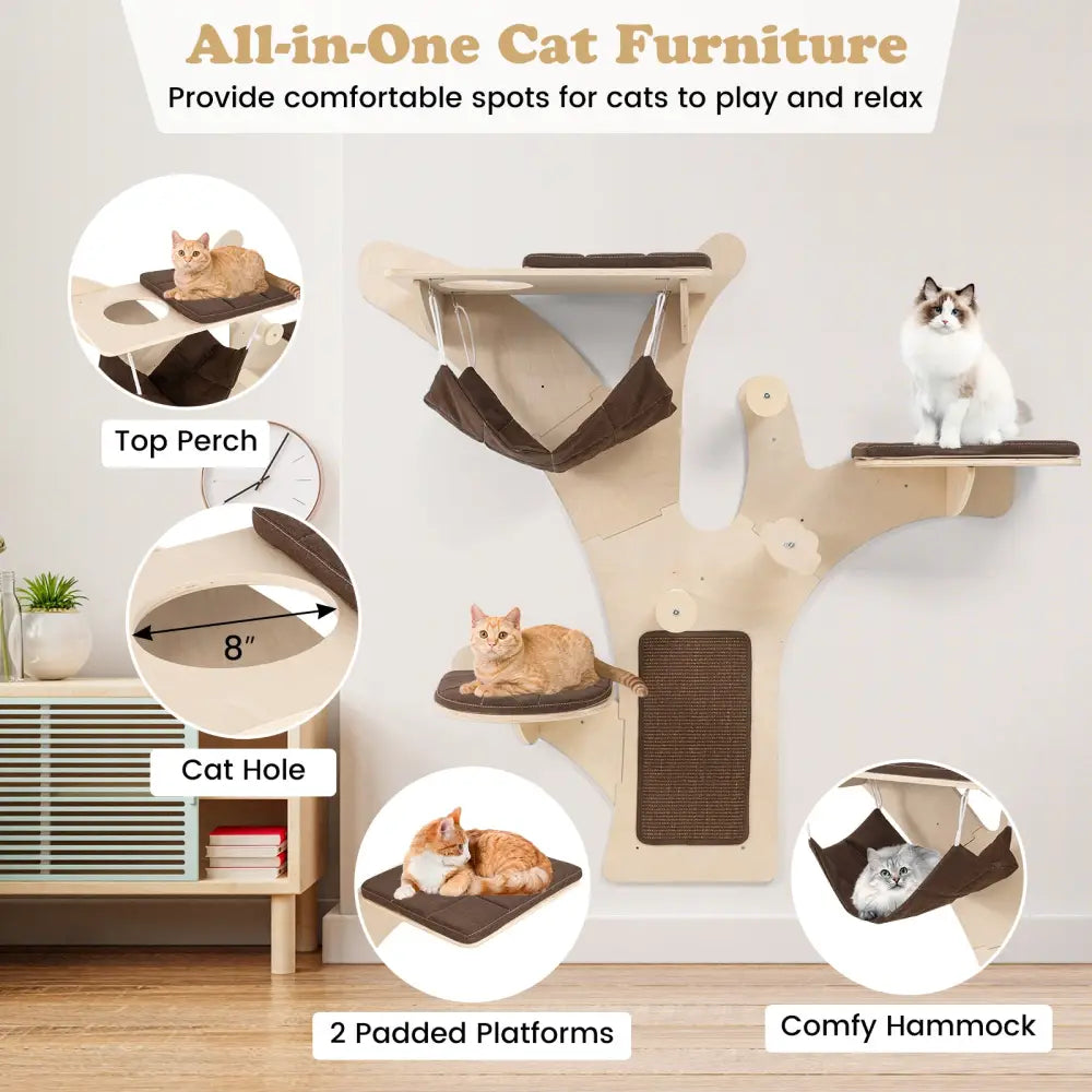 Wall-Mounted Cat Tower Cat Wall Shelves Furniture with Perch-Brown - Brown - Cat Trees Condos & Scratchers