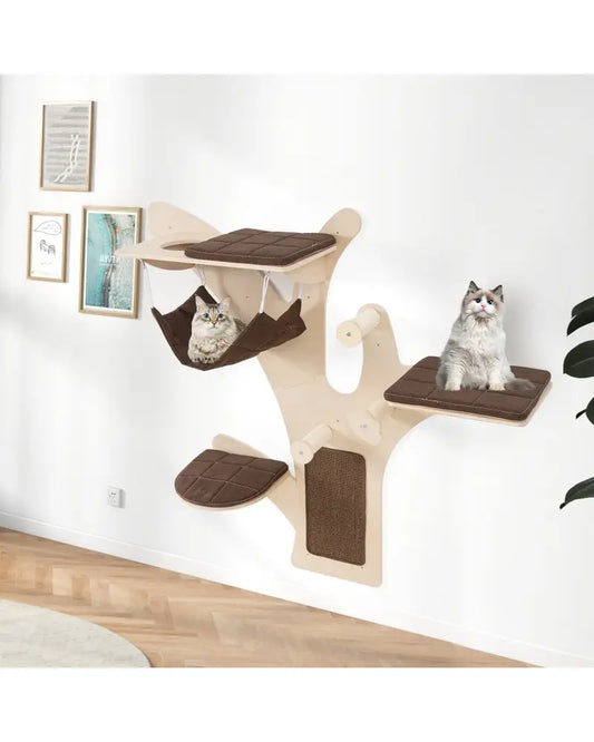 Wall-Mounted Cat Tower Cat Wall Shelves Furniture with Perch-Brown - Brown - Cat Trees Condos & Scratchers