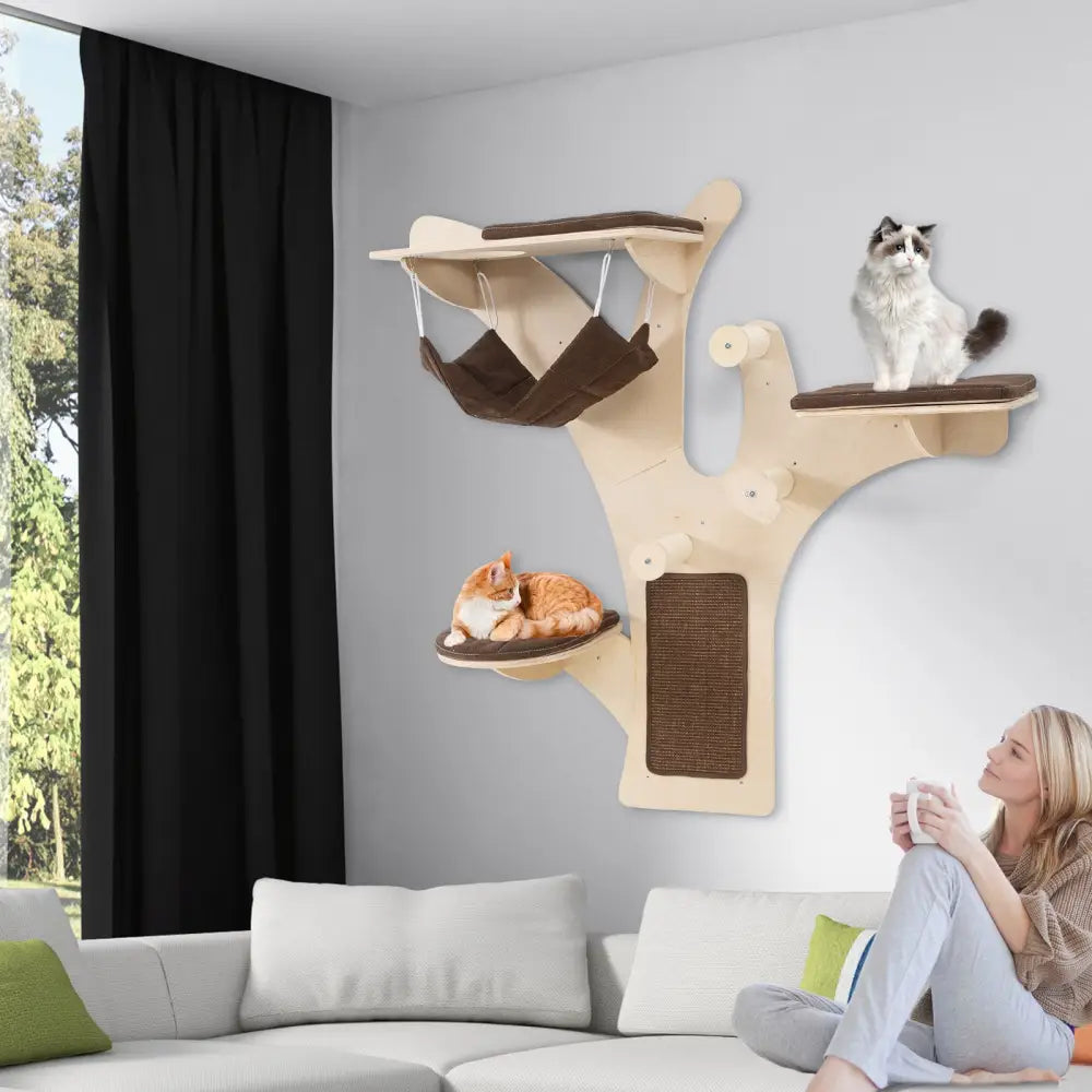 Wall-Mounted Cat Tower Cat Wall Shelves Furniture with Perch-Brown - Brown - Cat Trees Condos & Scratchers