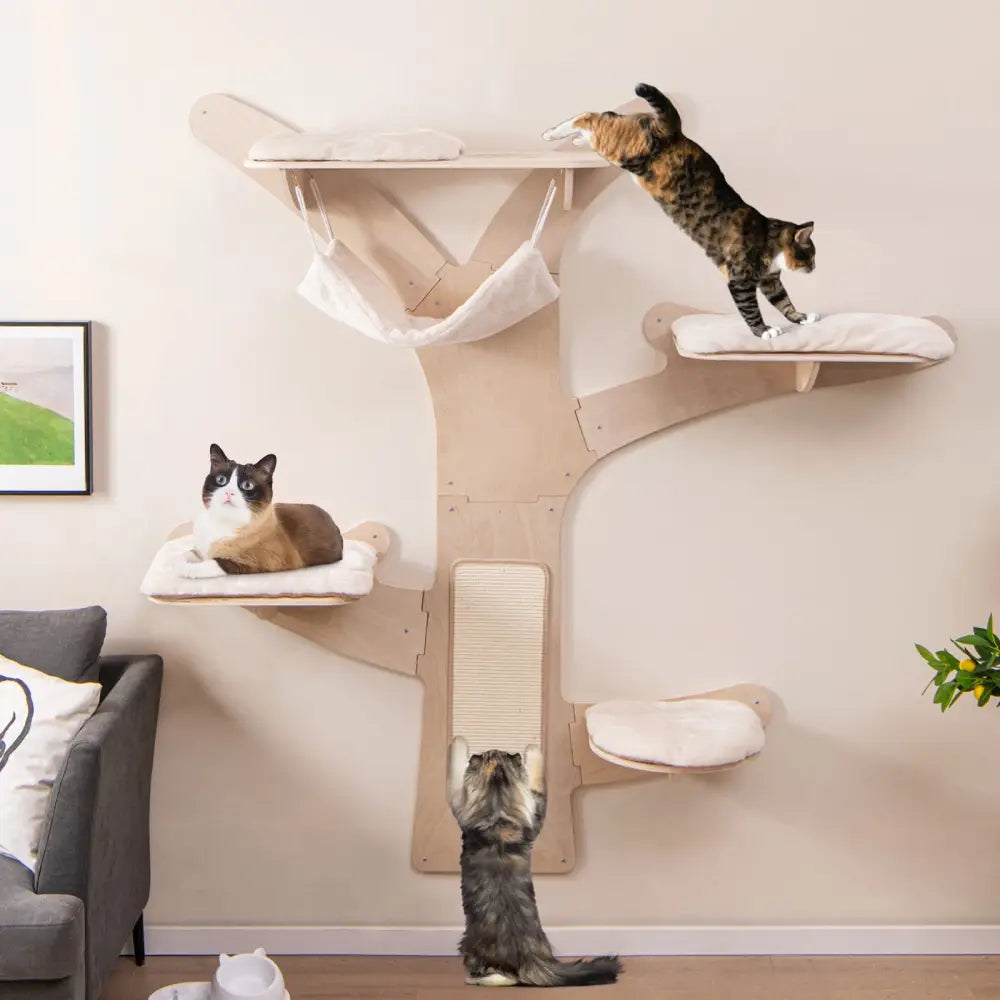 Wall-Mounted Cat Tower with Hammock Platforms and Sisal Scratching Mat-Natural - Natural - Cat Trees Condos & Scratchers