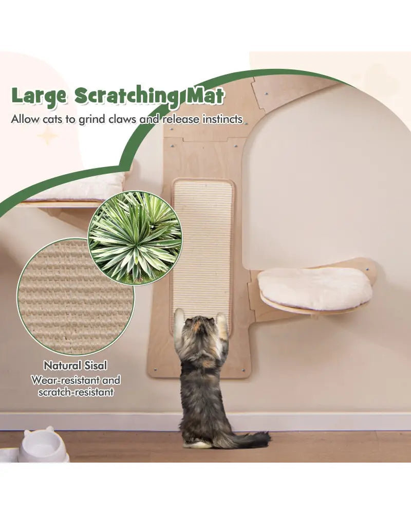 Wall-Mounted Cat Tower with Hammock Platforms and Sisal Scratching Mat-Natural - Natural - Cat Trees Condos & Scratchers