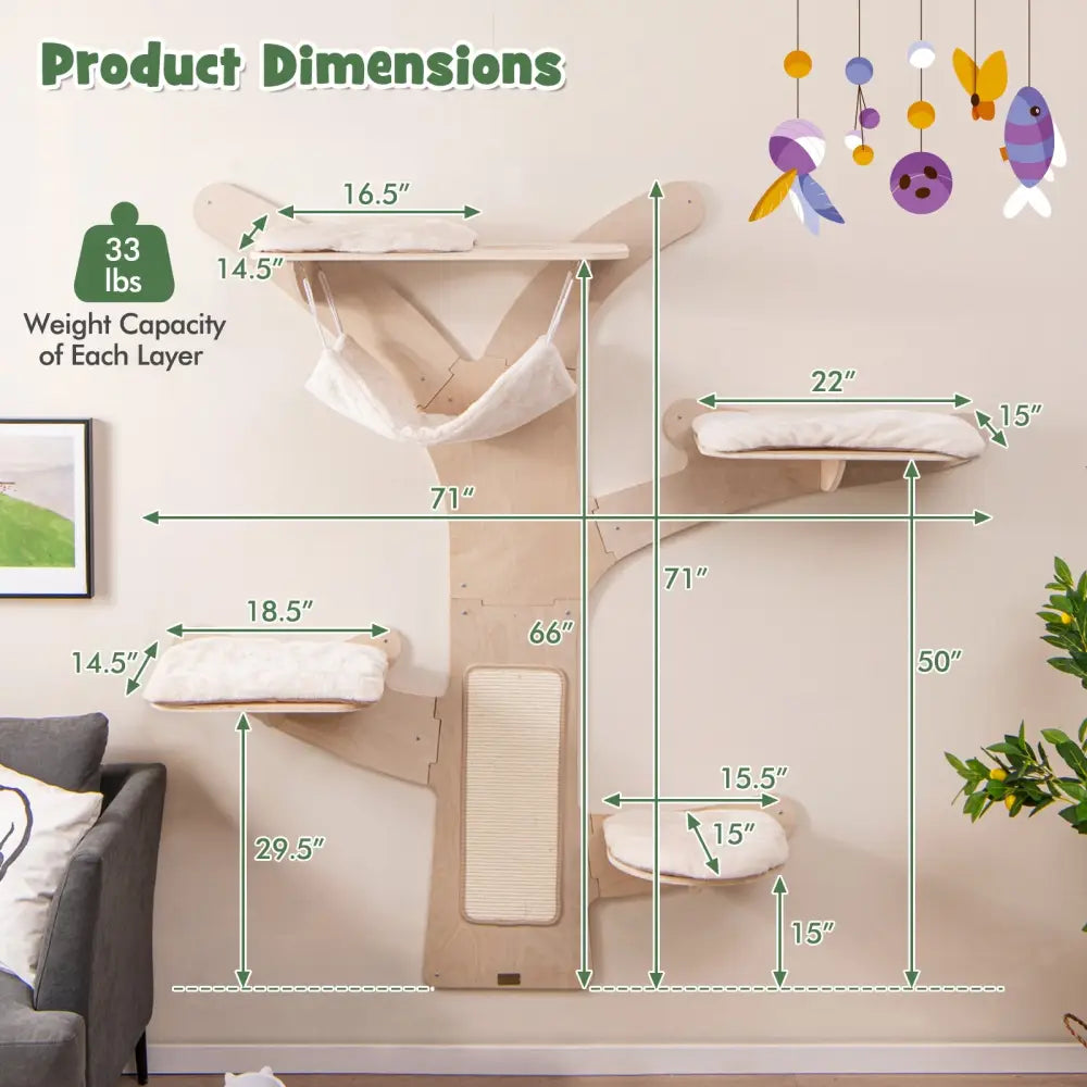 Wall-Mounted Cat Tower with Hammock Platforms and Sisal Scratching Mat-Natural - Natural - Cat Trees Condos & Scratchers