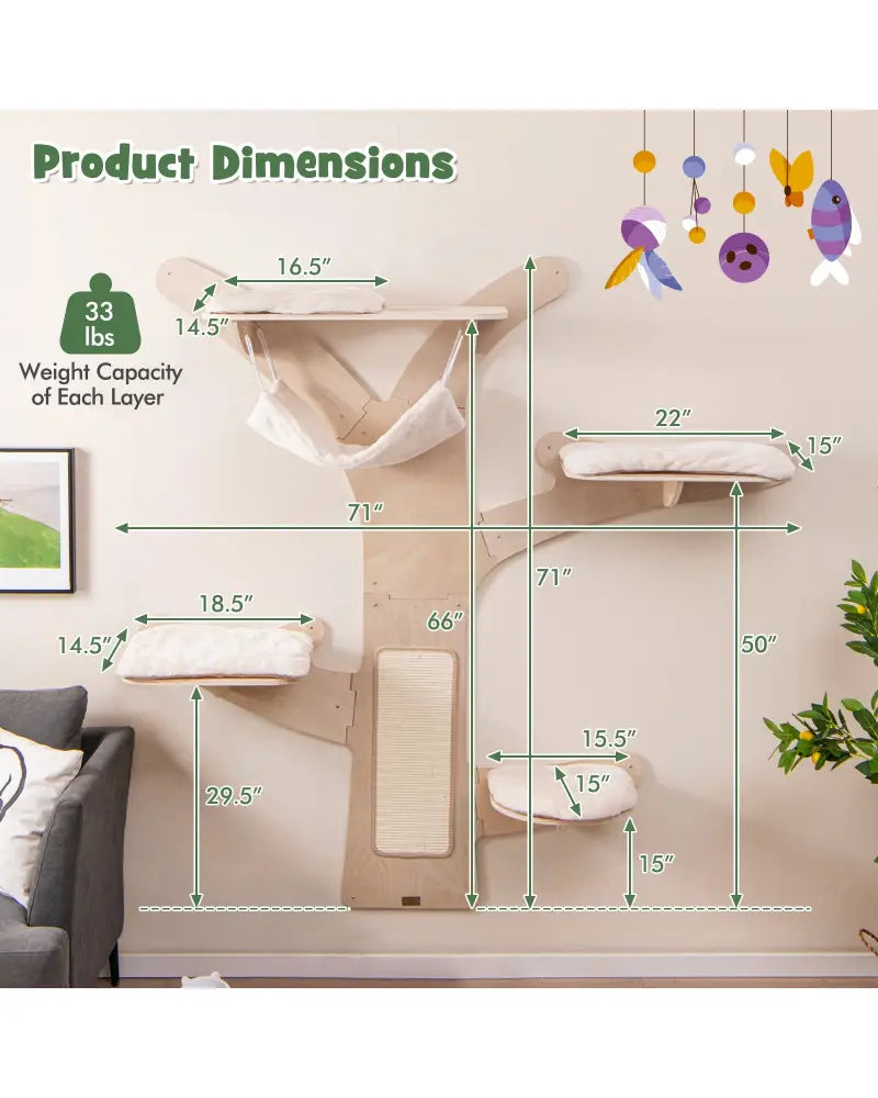 Wall-Mounted Cat Tower with Hammock Platforms and Sisal Scratching Mat-Natural - Natural - Cat Trees Condos & Scratchers