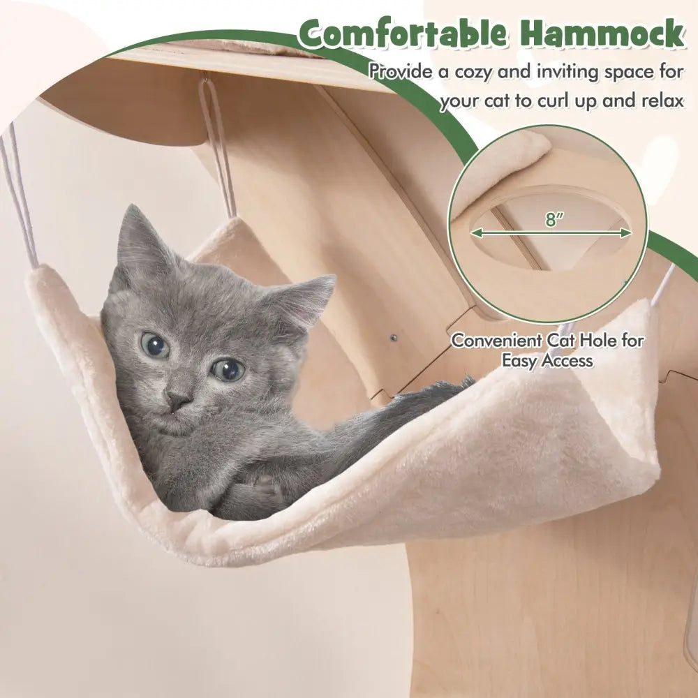 Wall-Mounted Cat Tower with Hammock Platforms and Sisal Scratching Mat-Natural - Natural - Cat Trees Condos & Scratchers