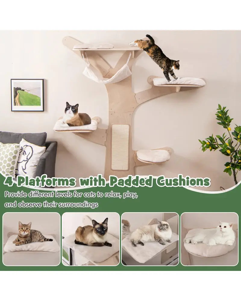 Wall-Mounted Cat Tower with Hammock Platforms and Sisal Scratching Mat-Natural - Natural - Cat Trees Condos & Scratchers