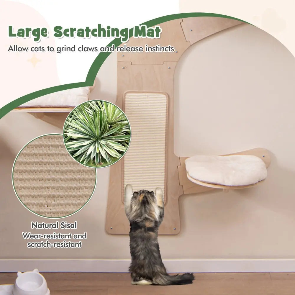 Wall-Mounted Cat Tower with Hammock Platforms and Sisal Scratching Mat-Natural - Natural - Cat Trees Condos & Scratchers