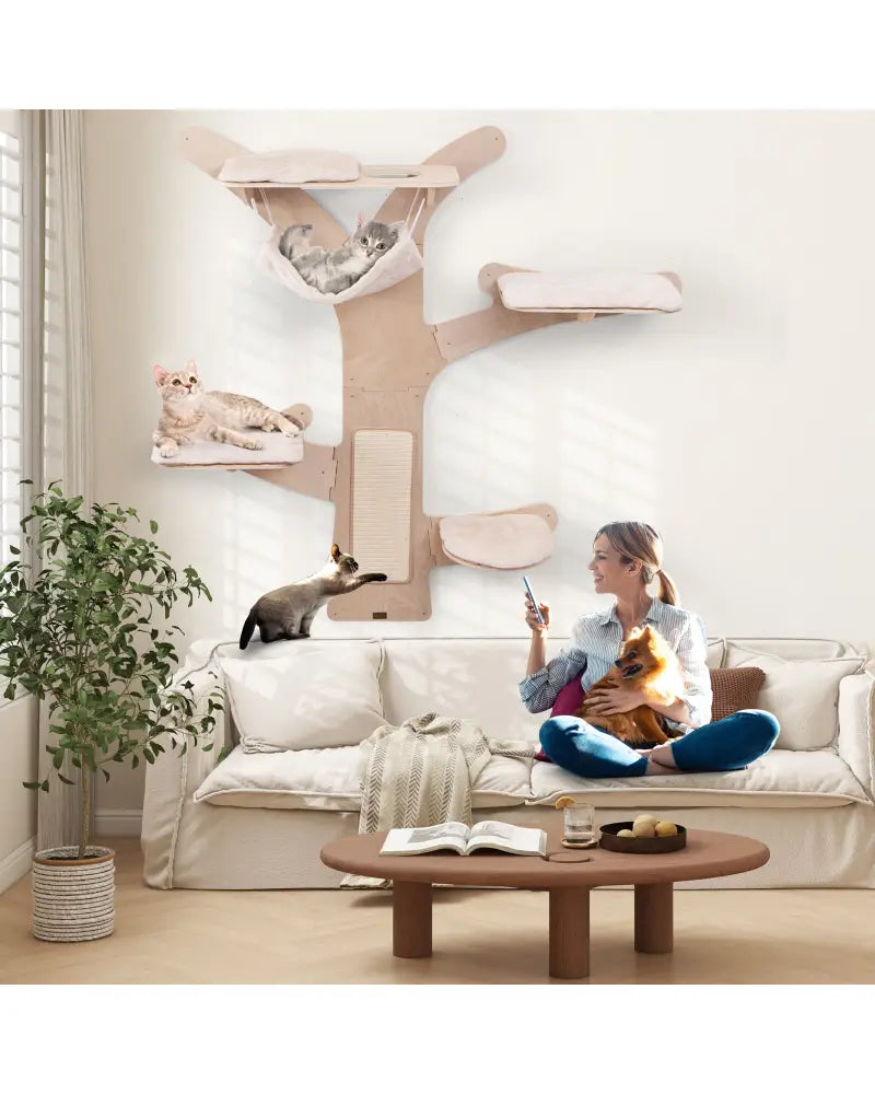 Wall-Mounted Cat Tower with Hammock Platforms and Sisal Scratching Mat-Natural - Natural - Cat Trees Condos & Scratchers