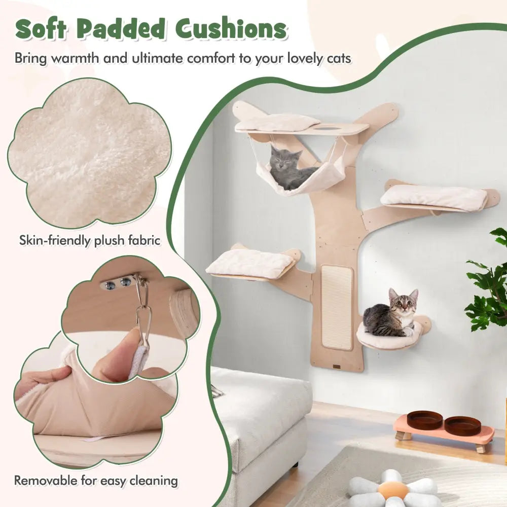 Wall-Mounted Cat Tower with Hammock Platforms and Sisal Scratching Mat-Natural - Natural - Cat Trees Condos & Scratchers