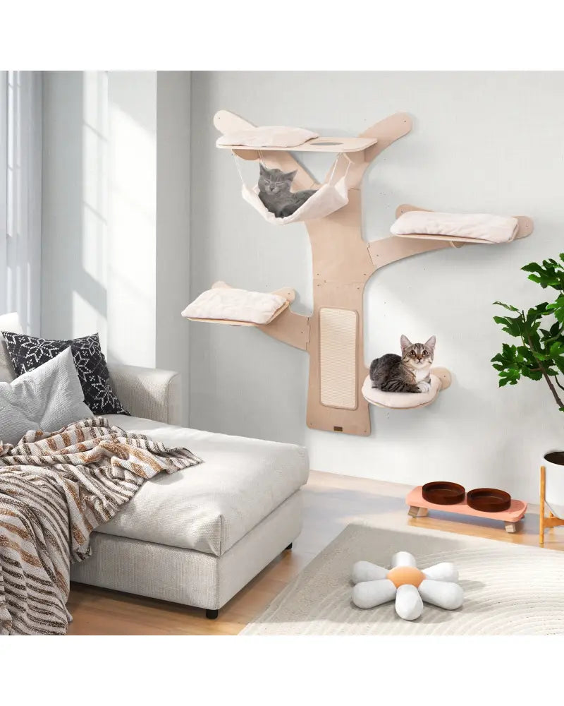 Wall-Mounted Cat Tower with Hammock Platforms and Sisal Scratching Mat-Natural - Natural - Cat Trees Condos & Scratchers