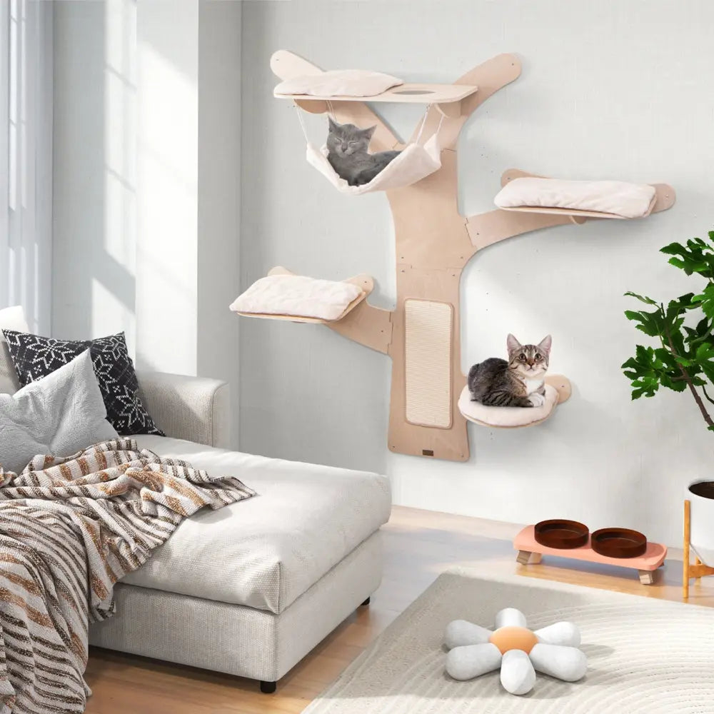 Wall-Mounted Cat Tower with Hammock Platforms and Sisal Scratching Mat-Natural - Natural - Cat Trees Condos & Scratchers