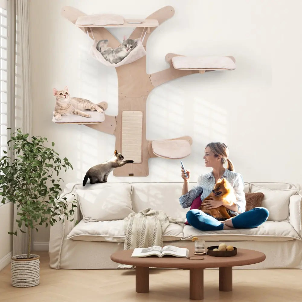 Wall-Mounted Cat Tower with Hammock Platforms and Sisal Scratching Mat-Natural - Natural - Cat Trees Condos & Scratchers