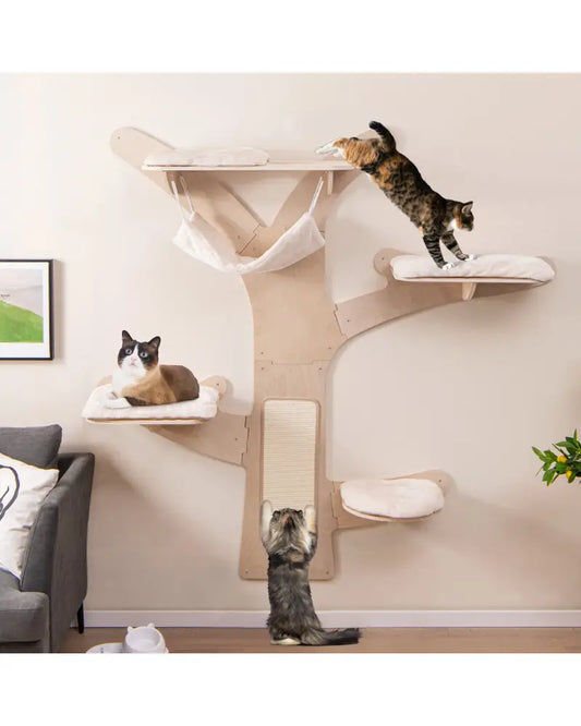 Wall-Mounted Cat Tower with Hammock Platforms and Sisal Scratching Mat-Natural - Natural - Cat Trees Condos & Scratchers