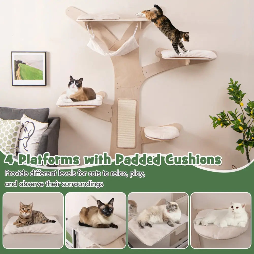 Wall-Mounted Cat Tower with Hammock Platforms and Sisal Scratching Mat-Natural - Natural - Cat Trees Condos & Scratchers