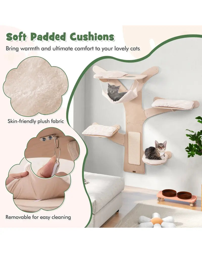 Wall-Mounted Cat Tower with Hammock Platforms and Sisal Scratching Mat-Natural - Natural - Cat Trees Condos & Scratchers