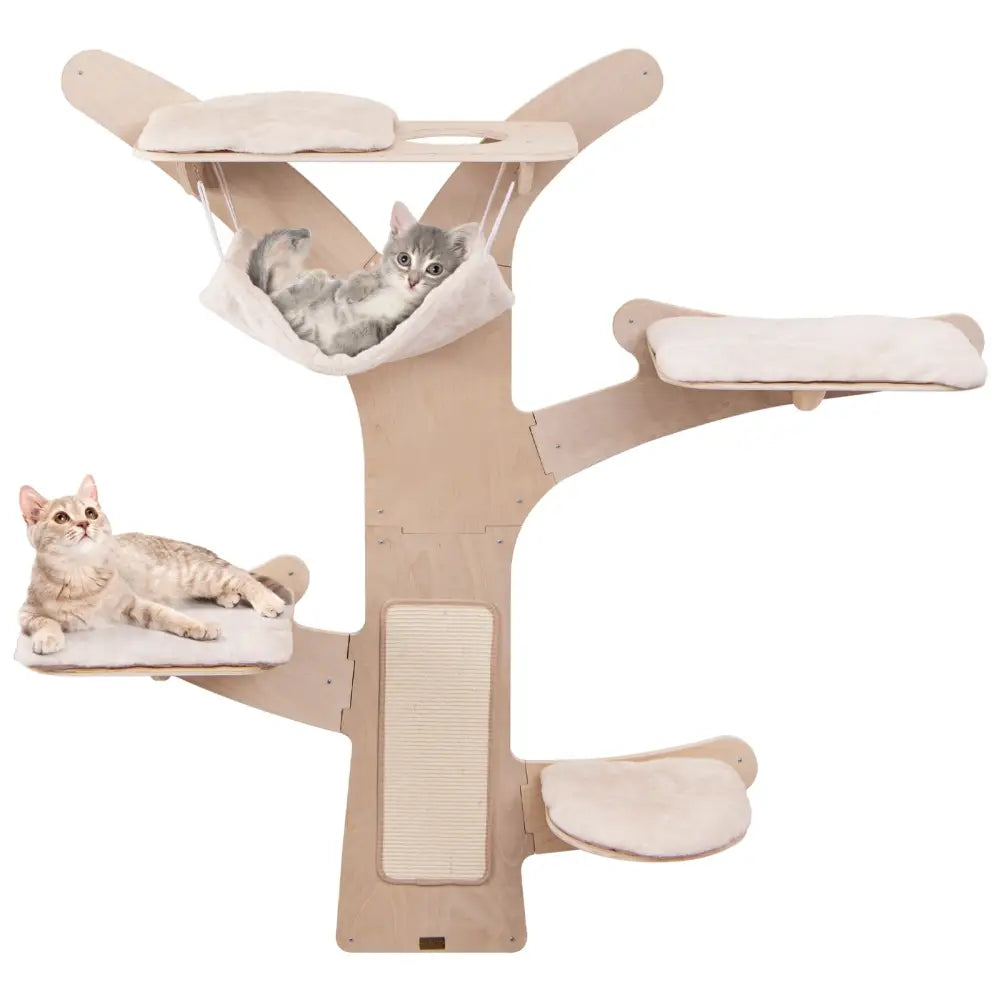 Wall-Mounted Cat Tower with Hammock Platforms and Sisal Scratching Mat-Natural - Natural - Cat Trees Condos & Scratchers