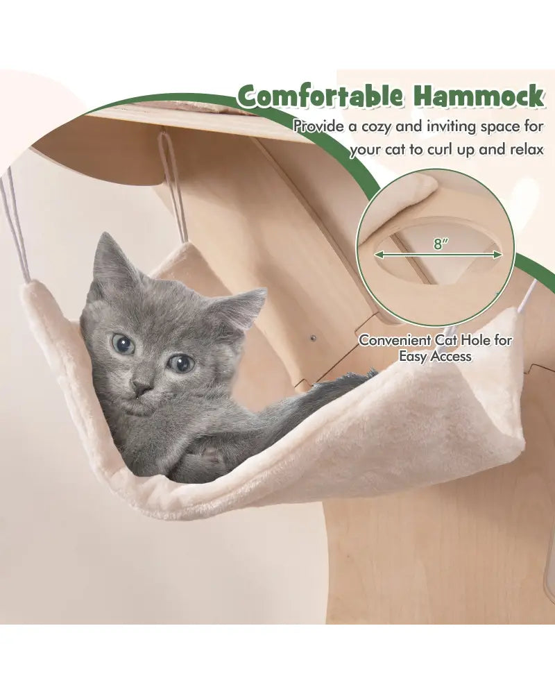 Wall-Mounted Cat Tower with Hammock Platforms and Sisal Scratching Mat-Natural - Natural - Cat Trees Condos & Scratchers