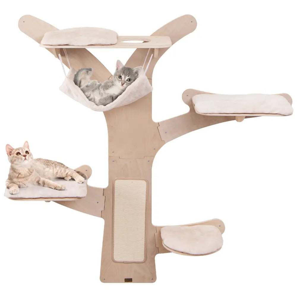 Wall-Mounted Cat Tower with Hammock Platforms and Sisal Scratching Mat-Natural - Natural - Cat Trees Condos & Scratchers