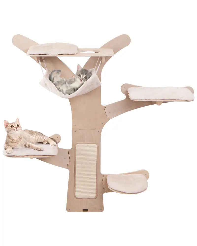 Wall-Mounted Cat Tower with Hammock Platforms and Sisal Scratching Mat-Natural - Natural - Cat Trees Condos & Scratchers