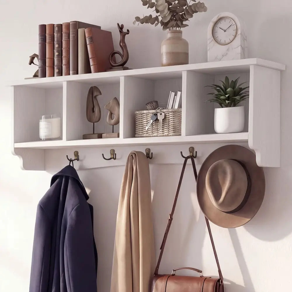 Wall-Mounted Coat Rack with 4 Cubbies and 5 Double Hooks and Wooden Shelf-White - White - Coat Racks & Hall Trees