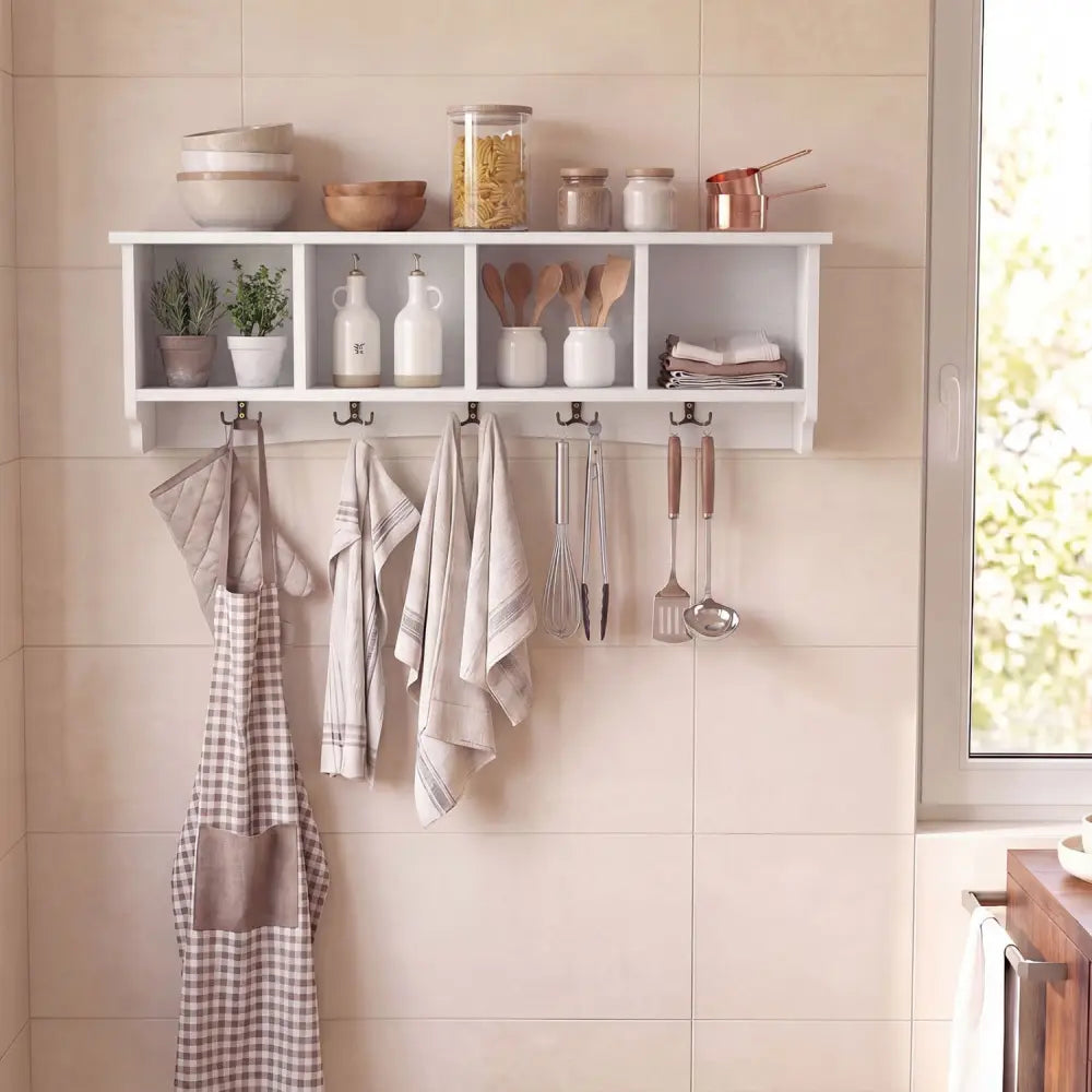 Wall-Mounted Coat Rack with 4 Cubbies and 5 Double Hooks and Wooden Shelf-White - White - Coat Racks & Hall Trees