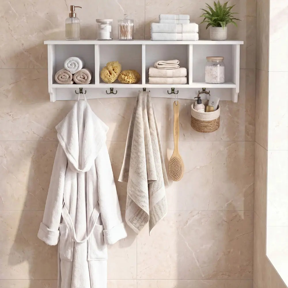 Wall-Mounted Coat Rack with 4 Cubbies and 5 Double Hooks and Wooden Shelf-White - White - Coat Racks & Hall Trees