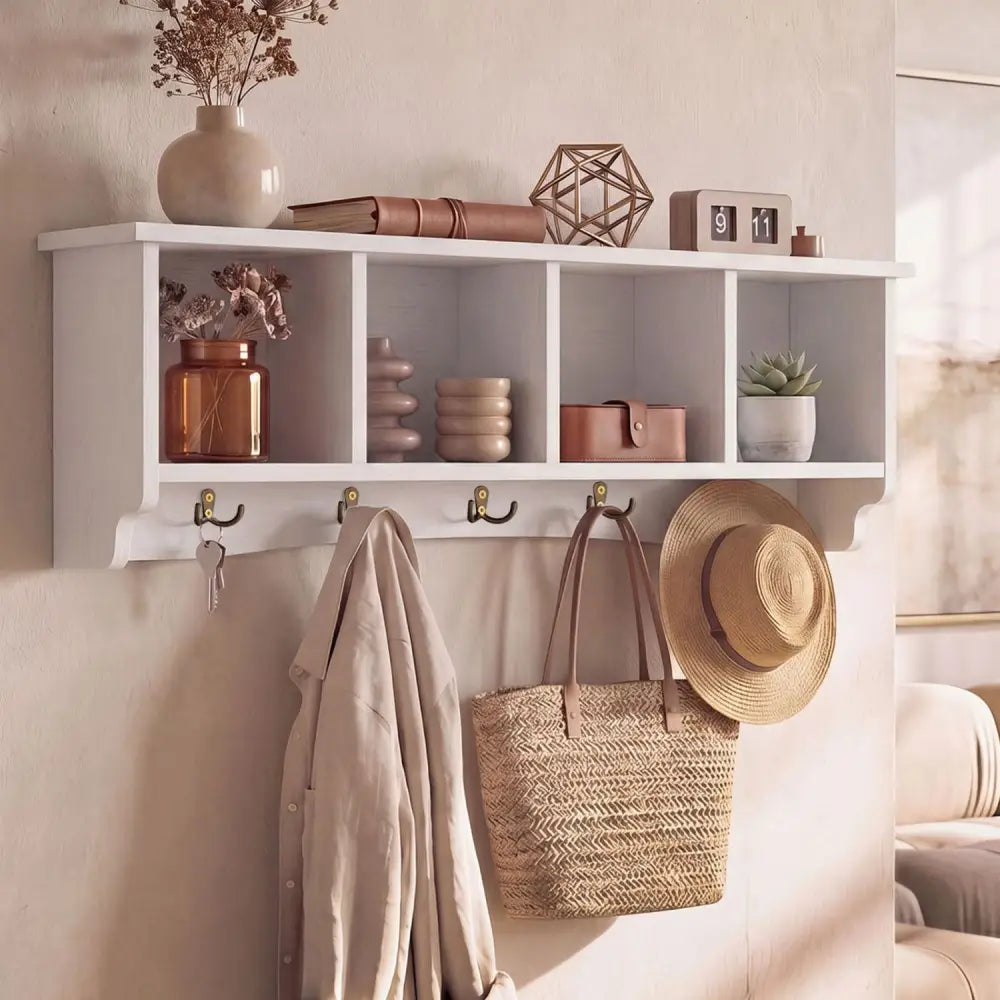 Wall-Mounted Coat Rack with 4 Cubbies and 5 Double Hooks and Wooden Shelf-White - White - Coat Racks & Hall Trees