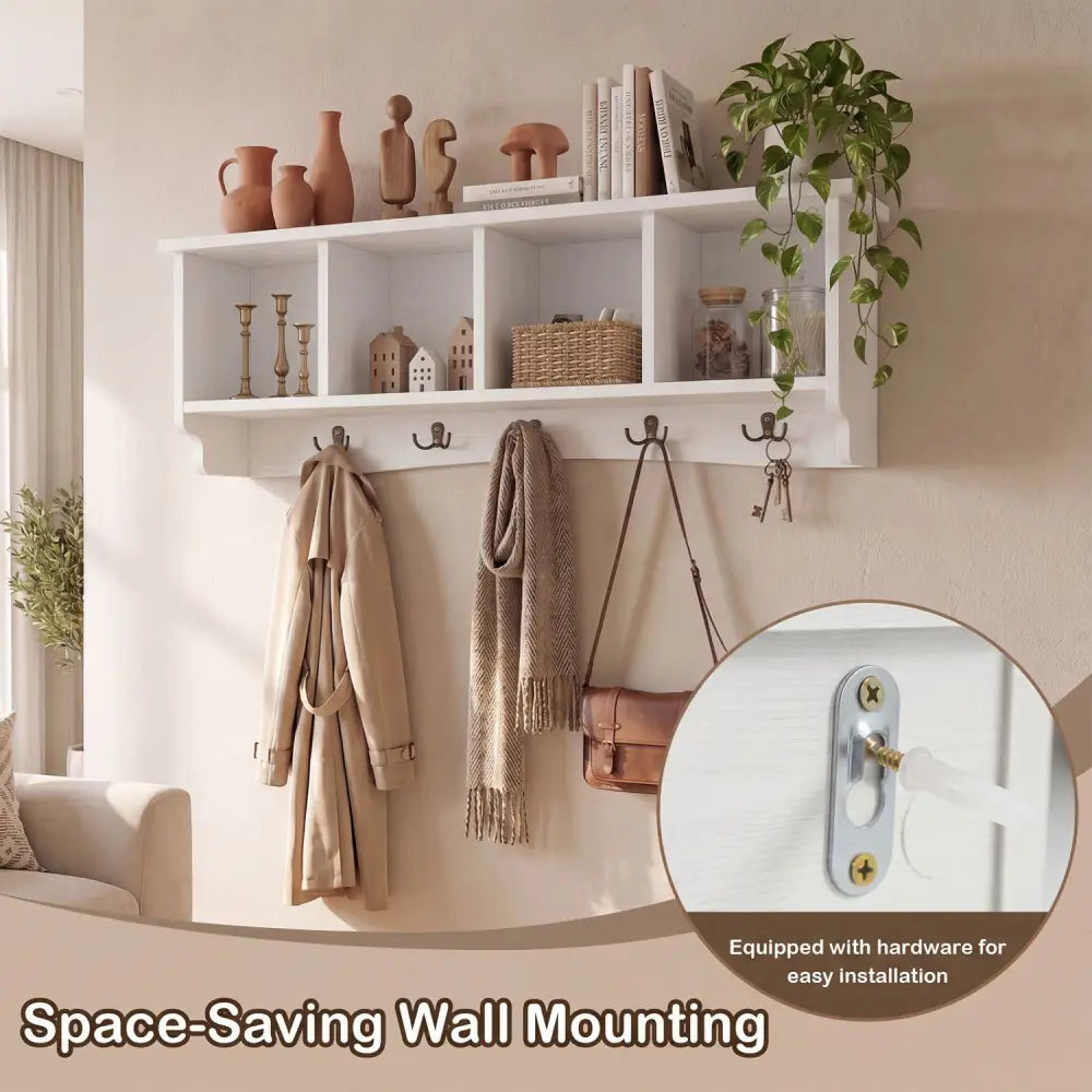 Wall-Mounted Coat Rack with 4 Cubbies and 5 Double Hooks and Wooden Shelf-White - White - Coat Racks & Hall Trees