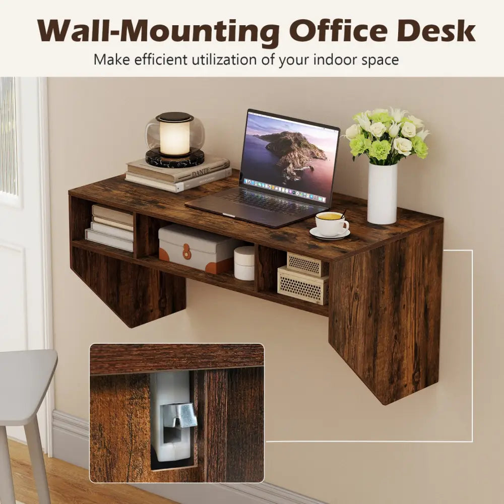 Wall-Mounted Computer Desk Floating Laptop Desk with 3 Storage Compartments-Rustic Brown - Rustic Brown - Computer Desks