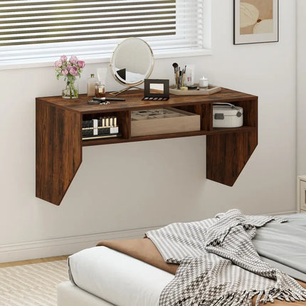 Wall-Mounted Computer Desk Floating Laptop Desk with 3 Storage Compartments-Rustic Brown - Rustic Brown - Computer Desks