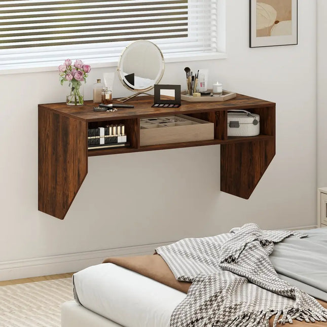 Wall-Mounted Computer Desk Floating Laptop Desk with 3 Storage Compartments-Rustic Brown - Rustic Brown - Computer Desks