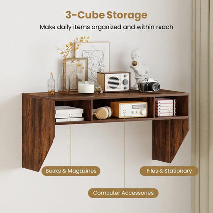 Wall-Mounted Computer Desk Floating Laptop Desk with 3 Storage Compartments-Rustic Brown - Rustic Brown - Computer Desks