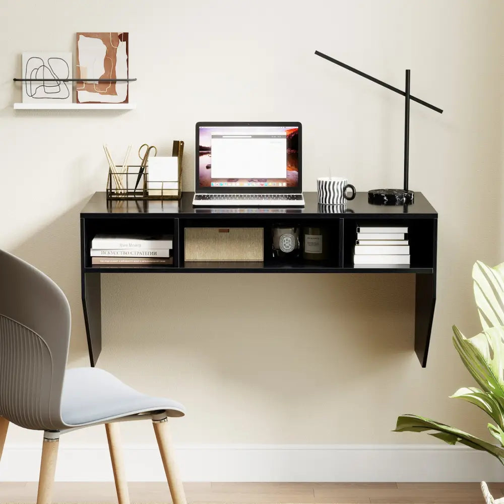 Wall-Mounted Computer Desk Floating Laptop Desk with 3 Storage Compartments-Black - Black - Computer Desks