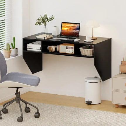 Wall-Mounted Computer Desk Floating Laptop Desk with 3 Storage Compartments-Black - Black - Computer Desks