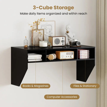 Wall-Mounted Computer Desk Floating Laptop Desk with 3 Storage Compartments-Black - Black - Computer Desks