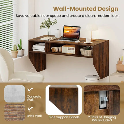 Wall-Mounted Computer Desk Floating Laptop Desk with 3 Storage Compartments-Rustic Brown - Rustic Brown - Computer Desks