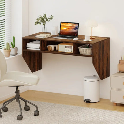 Wall-Mounted Computer Desk Floating Laptop Desk with 3 Storage Compartments-Rustic Brown - Rustic Brown - Computer Desks