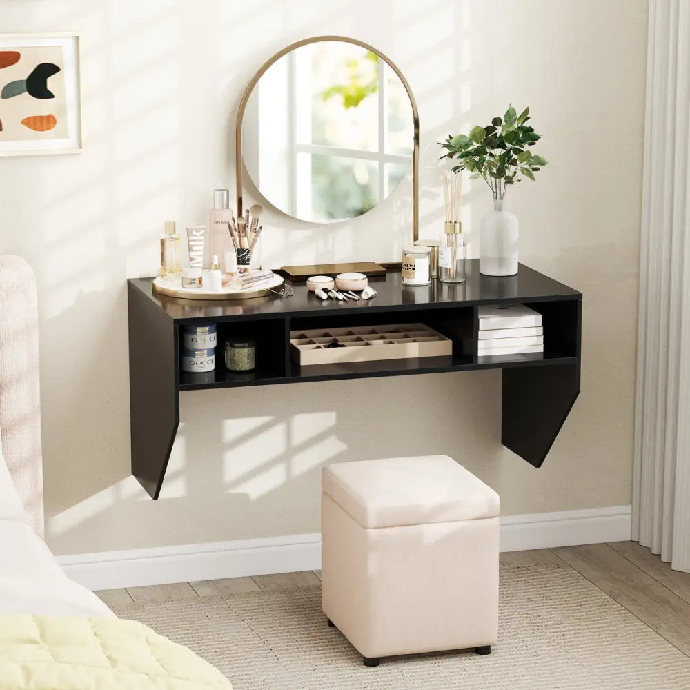 Wall-Mounted Computer Desk Floating Laptop Desk with 3 Storage Compartments-Black - Black - Computer Desks