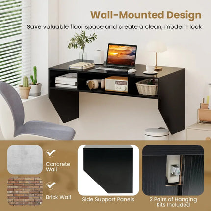 Wall-Mounted Computer Desk Floating Laptop Desk with 3 Storage Compartments-Black - Black - Computer Desks