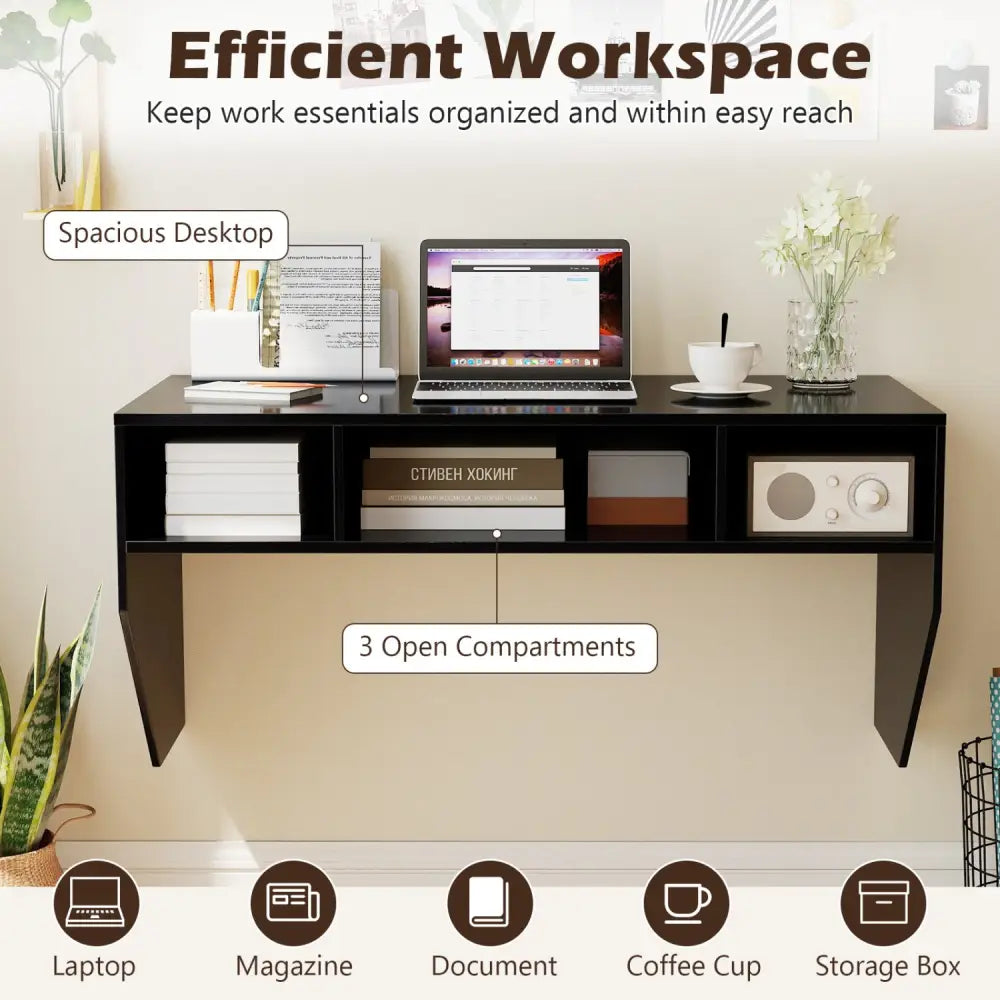 Wall-Mounted Computer Desk Floating Laptop Desk with 3 Storage Compartments-Black - Black - Computer Desks