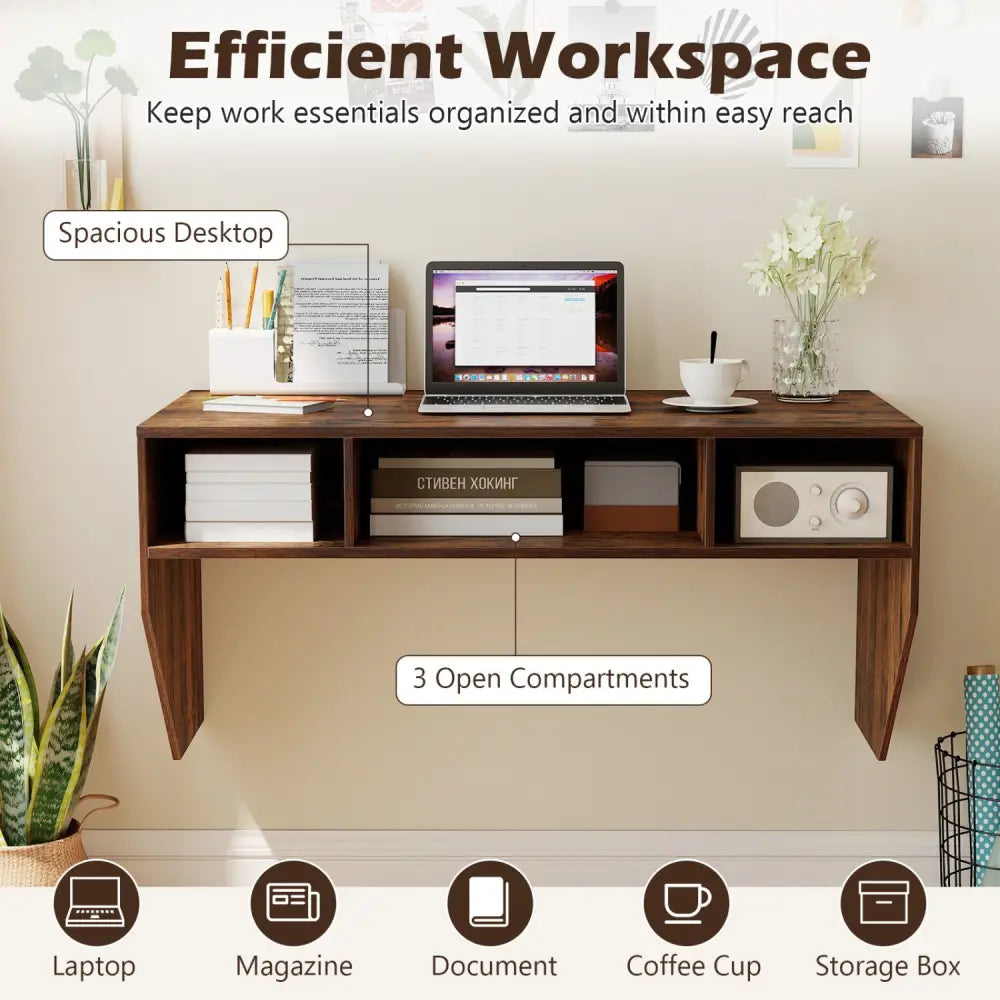 Wall-Mounted Computer Desk Floating Laptop Desk with 3 Storage Compartments-Rustic Brown - Rustic Brown - Computer Desks