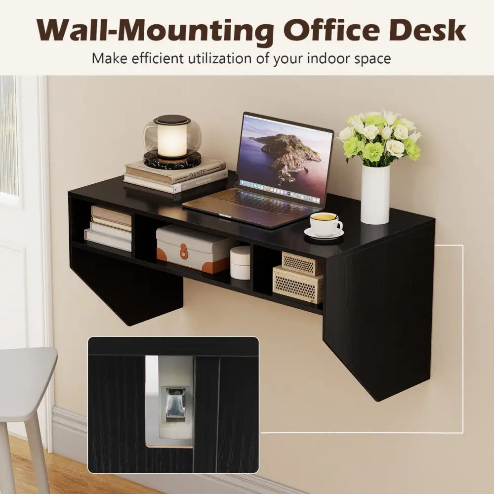 Wall-Mounted Computer Desk Floating Laptop Desk with 3 Storage Compartments-Black - Black - Computer Desks