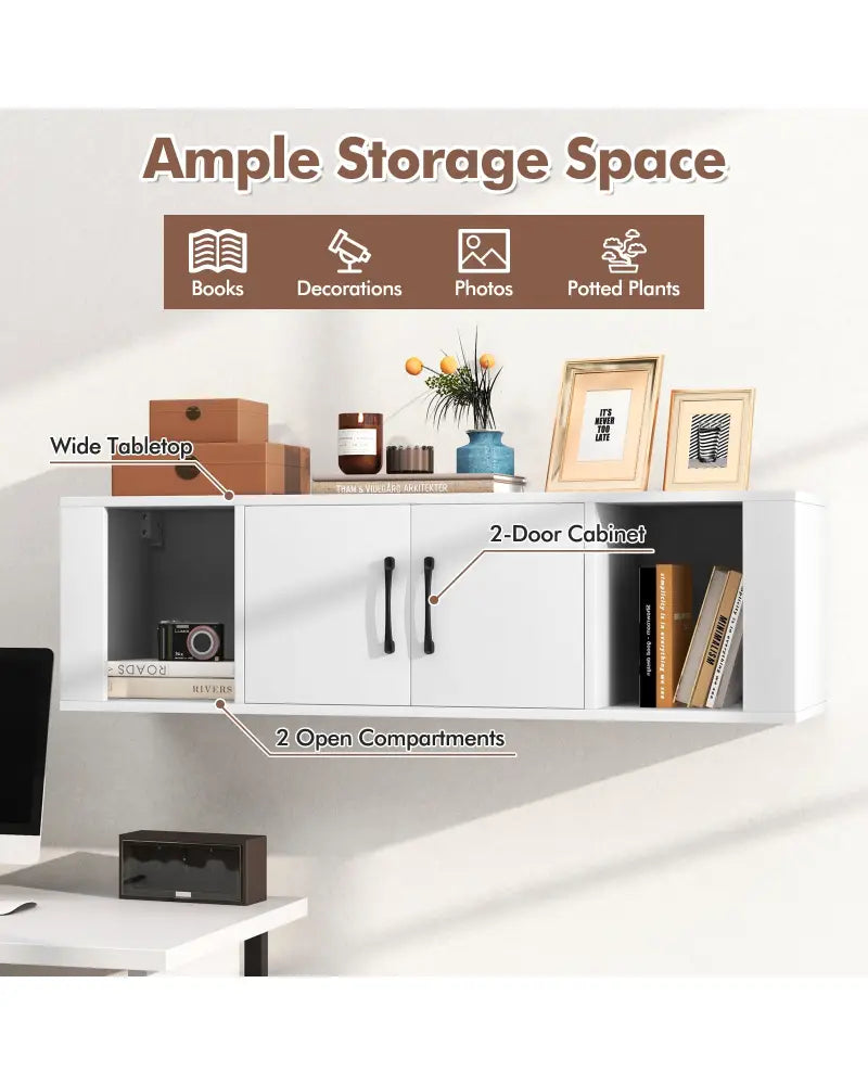 Wall Mounted Floating 2 Door Desk Hutch Storage Shelves-White - White - Entertainment Centers & TV Stands