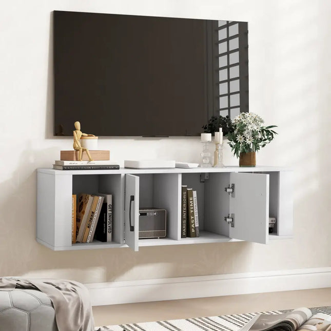 Wall Mounted Floating 2 Door Desk Hutch Storage Shelves-White - White - Entertainment Centers & TV Stands